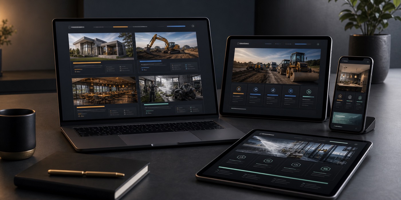 Case study presentation table with website mockups for different business types.